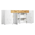 **Buffet moderne en marbre blanc et bois, avec espaces de rangement**