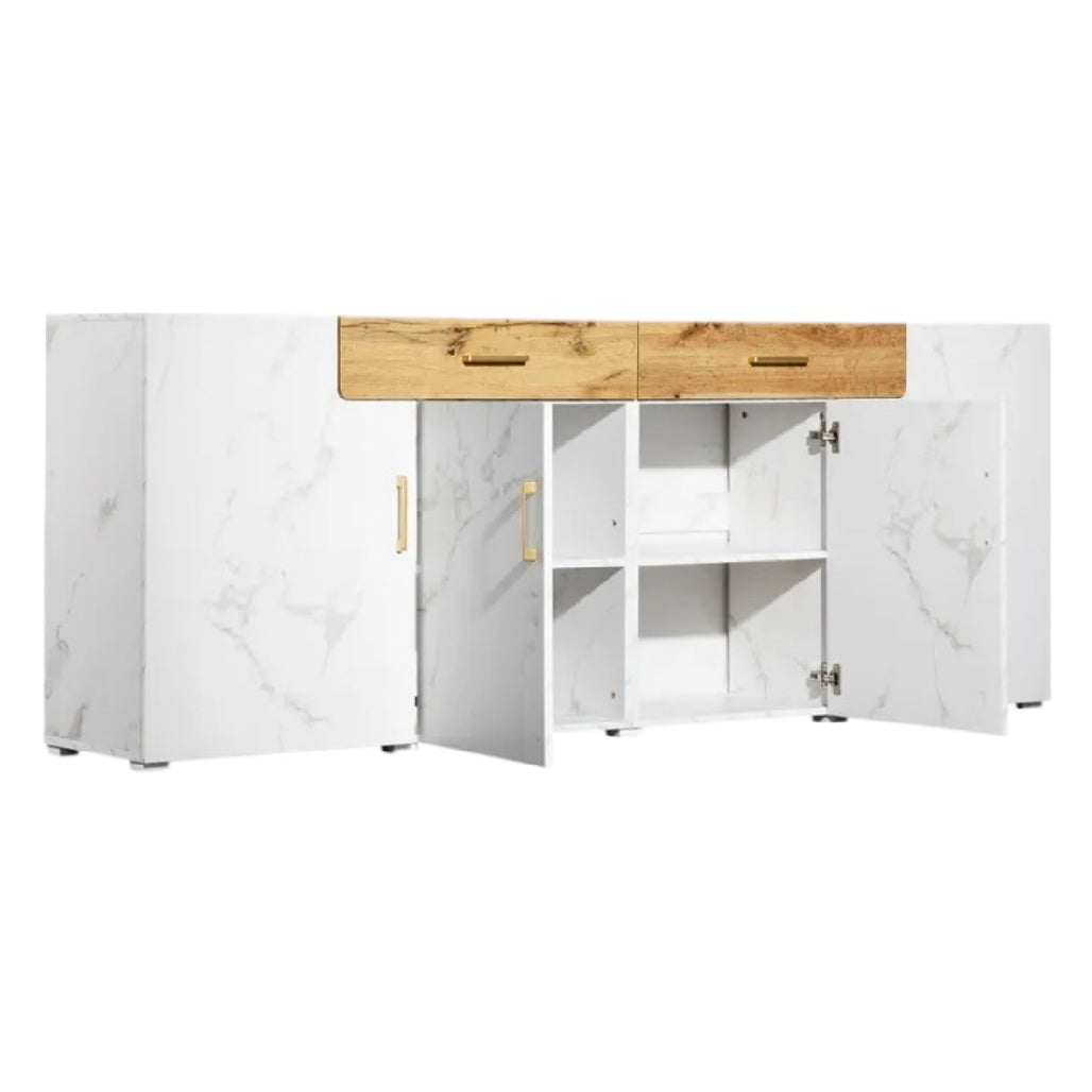 **Buffet moderne en marbre blanc et bois, avec espaces de rangement**
