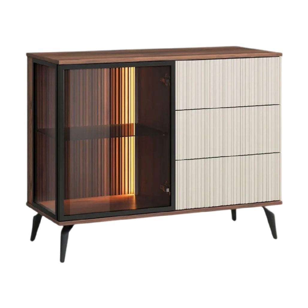 **Buffet contemporain en bois avec portes en verre LED intégré**