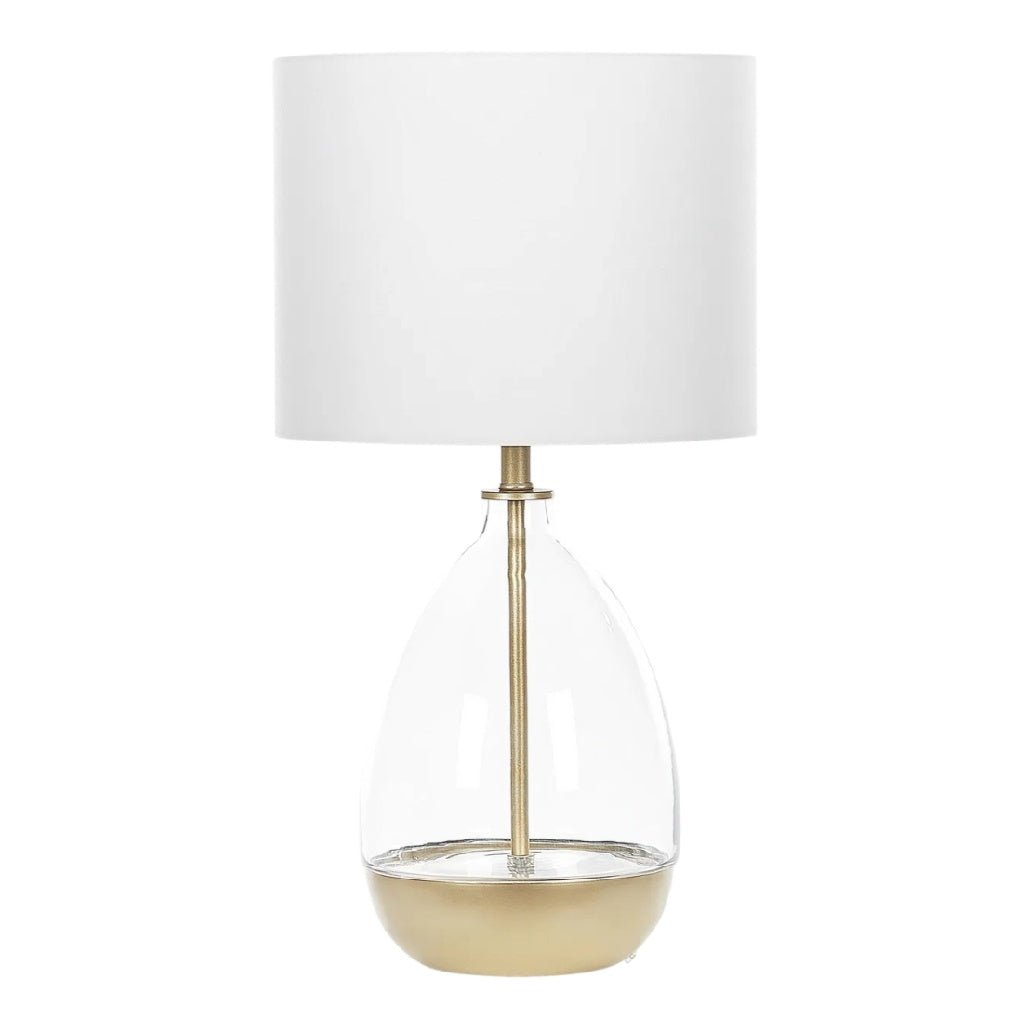 **Lampe de table en verre transparent avec abat-jour blanc et base dorée**