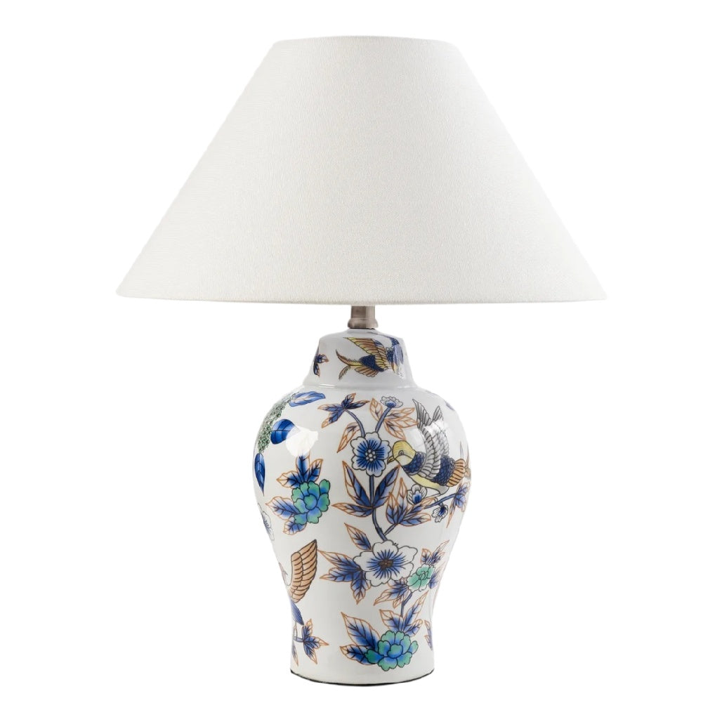 **Lampe de table en céramique ornée de motifs floraux avec abat-jour en tissu**