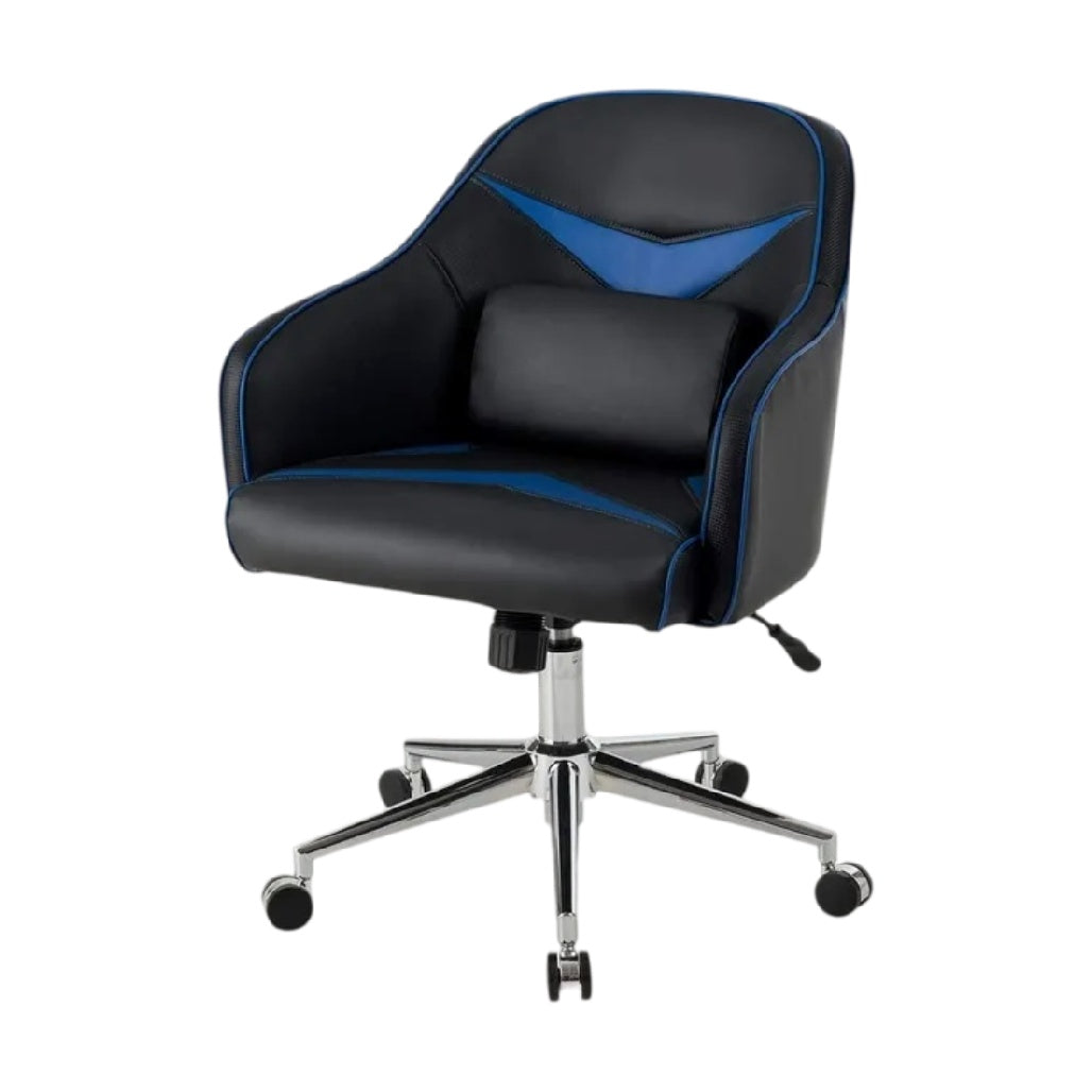 **Chaise de bureau ergonomique en cuir synthétique noir et bleu avec roulettes et réglage de hauteur**