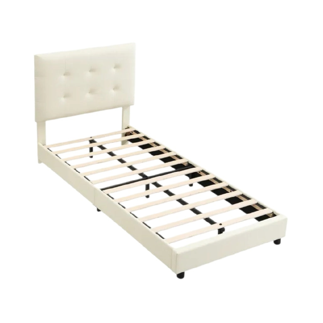**Lit simple avec sommier à lattes en bois et tête de lit rembourrée**